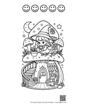 Thumbnail: Chibi Witches Playing Near a Whimsical Mushroom Home Adorable Coloring Sheet Printable and 5 Happy Face Outline