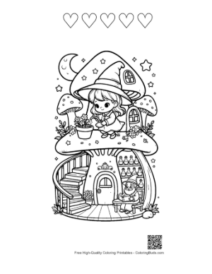 Thumbnail: Chibi Witches Playing Near a Whimsical Mushroom Home Adorable Coloring Sheet Printable and 5 Heart Outline