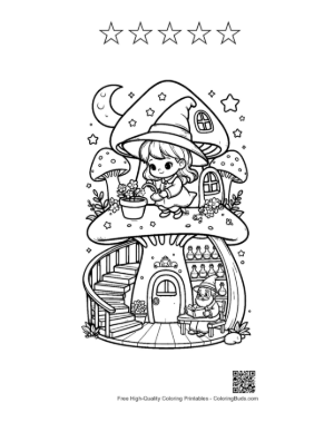 Thumbnail: Chibi Witches Playing Near a Whimsical Mushroom Home Adorable Coloring Sheet Printable and 5 Star Outline