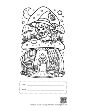 Thumbnail: Chibi Witches Playing Near a Whimsical Mushroom Home Adorable Coloring Sheet Printable with Title and Artist Box