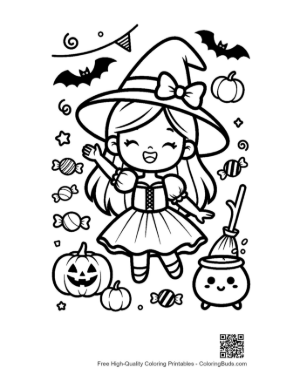 Thumbnail: Cute Little Witch Holding a Magic Wand and a Pumpkin Basket Halloween Coloring Page Printable