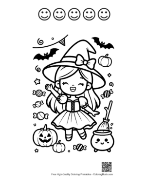 Thumbnail: Cute Little Witch Holding a Magic Wand and a Pumpkin Basket Halloween Coloring Page Printable and 5 Happy Face Outline