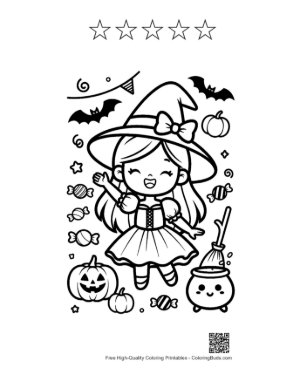 Thumbnail: Cute Little Witch Holding a Magic Wand and a Pumpkin Basket Halloween Coloring Page Printable and 5 Star Outline