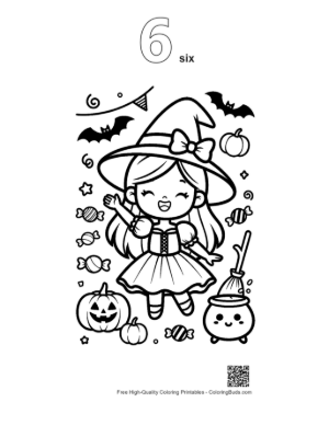 Thumbnail: Cute Little Witch Holding a Magic Wand and a Pumpkin Basket Halloween Coloring Page Printable Outline Number 6