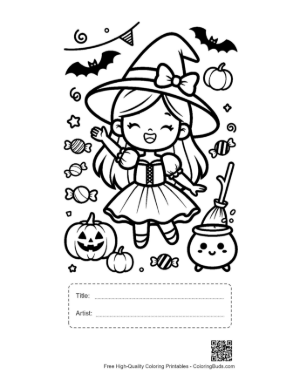 Thumbnail: Cute Little Witch Holding a Magic Wand and a Pumpkin Basket Halloween Coloring Page Printable with Title and Artist Box