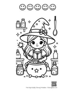 Thumbnail: Cute Witch Brewing a Secret Potion in Her Magical Workshop Halloween Coloring Printable and 5 Happy Face Outline
