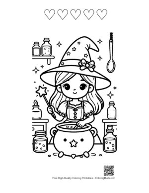 Thumbnail: Cute Witch Brewing a Secret Potion in Her Magical Workshop Halloween Coloring Printable and 5 Heart Outline