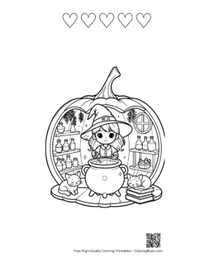 Thumbnail: Cute Witch Brewing Potions Inside a Hollowed Out Pumpkin Fantasy Coloring Sheet Printable and 5 Heart Outline