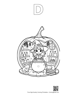 Thumbnail: Cute Witch Brewing Potions Inside a Hollowed Out Pumpkin Fantasy Coloring Sheet Printable Outline Alphabet D