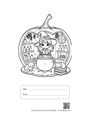 Thumbnail: Cute Witch Brewing Potions Inside a Hollowed Out Pumpkin Fantasy Coloring Sheet Printable with Title and Artist Box