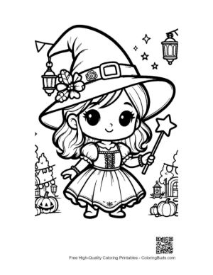Thumbnail: Cute Witch Girl Standing by a Cauldron in a Spooky Forest Halloween Coloring Printable