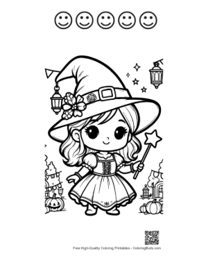 Thumbnail: Cute Witch Girl Standing by a Cauldron in a Spooky Forest Halloween Coloring Printable and 5 Happy Face Outline