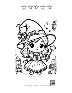 Thumbnail: Cute Witch Girl Standing by a Cauldron in a Spooky Forest Halloween Coloring Printable and 5 Star Outline
