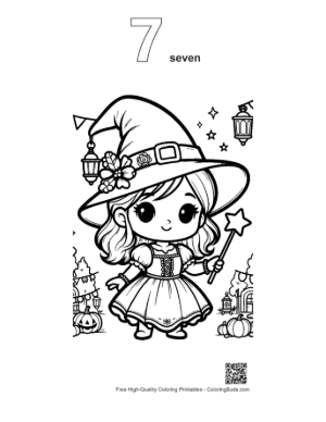 Thumbnail: Cute Witch Girl Standing by a Cauldron in a Spooky Forest Halloween Coloring Printable Outline Number 7