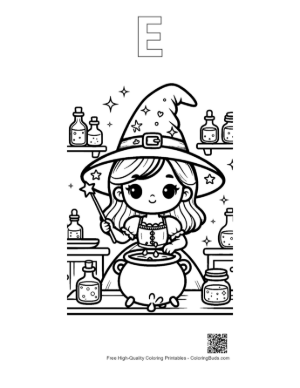 Thumbnail: Cute Witch Printable Outline Alphabet E