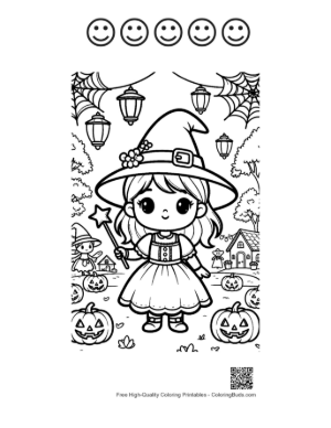 Thumbnail: Cute Witch Riding a Broomstick Through a Starry Halloween Night Magic Coloring Printable and 5 Happy Face Outline