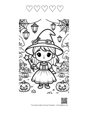 Thumbnail: Cute Witch Riding a Broomstick Through a Starry Halloween Night Magic Coloring Printable and 5 Heart Outline