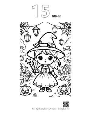 Thumbnail: Cute Witch Riding a Broomstick Through a Starry Halloween Night Magic Coloring Printable Outline Number 15