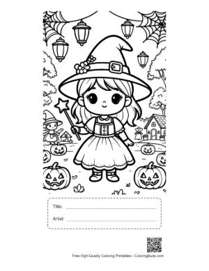 Thumbnail: Cute Witch Riding a Broomstick Through a Starry Halloween Night Magic Coloring Printable with Title and Artist Box