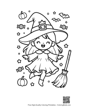 Thumbnail: Cute Witch Sweeping with a Broomstick Among Autumn Pumpkins Holiday Coloring Printable