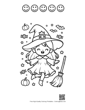 Thumbnail: Cute Witch Sweeping with a Broomstick Among Autumn Pumpkins Holiday Coloring Printable and 5 Happy Face Outline
