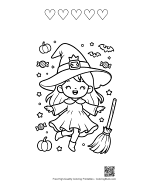 Thumbnail: Cute Witch Sweeping with a Broomstick Among Autumn Pumpkins Holiday Coloring Printable and 5 Heart Outline