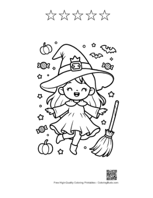 Thumbnail: Cute Witch Sweeping with a Broomstick Among Autumn Pumpkins Holiday Coloring Printable and 5 Star Outline