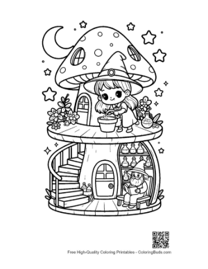 Thumbnail: Cute Witches Standing in Front of a Magical Fungi Cottage Fantasy Coloring Printable