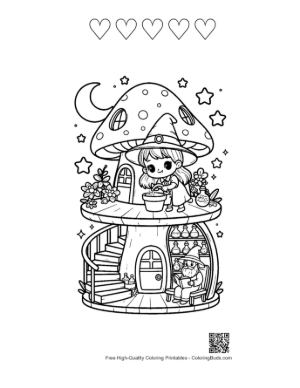 Thumbnail: Cute Witches Standing in Front of a Magical Fungi Cottage Fantasy Coloring Printable and 5 Heart Outline