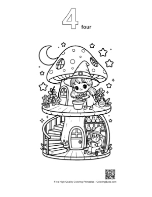 Thumbnail: Cute Witches Standing in Front of a Magical Fungi Cottage Fantasy Coloring Printable Outline Number 4