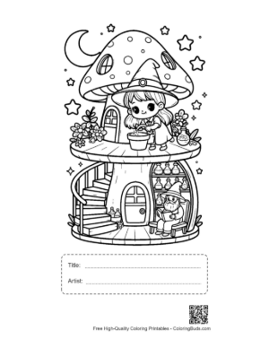 Thumbnail: Cute Witches Standing in Front of a Magical Fungi Cottage Fantasy Coloring Printable with Title and Artist Box