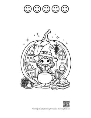 Thumbnail: Download Witch Coloring Sheet Printable and 5 Happy Face Outline