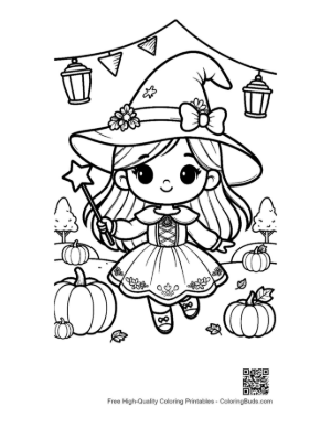 Thumbnail: Happy Little Witch in a Ruffled Dress with Halloween Pumpkins Festive Coloring Printable