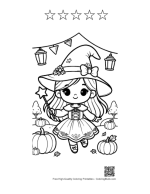 Thumbnail: Happy Little Witch in a Ruffled Dress with Halloween Pumpkins Festive Coloring Printable and 5 Star Outline