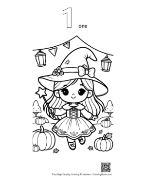 Thumbnail: Happy Little Witch in a Ruffled Dress with Halloween Pumpkins Festive Coloring Printable Outline Number 1