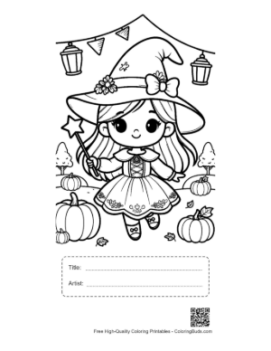 Thumbnail: Happy Little Witch in a Ruffled Dress with Halloween Pumpkins Festive Coloring Printable with Title and Artist Box