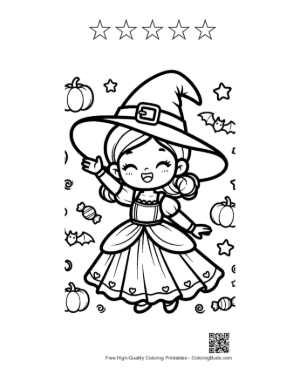 Thumbnail: Happy Young Witch in a Beautiful Dress Holding a Magic Wand Fantasy Coloring Printable and 5 Star Outline