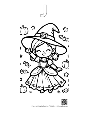 Thumbnail: Happy Young Witch in a Beautiful Dress Holding a Magic Wand Fantasy Coloring Printable Outline Alphabet J