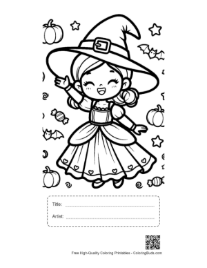 Thumbnail: Happy Young Witch in a Beautiful Dress Holding a Magic Wand Fantasy Coloring Printable with Title and Artist Box