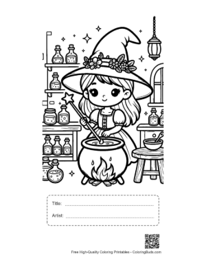Thumbnail: Little Witch Brewing a Potion in a Large Cauldron Magic Laboratory Coloring Printable with Title and Artist Box