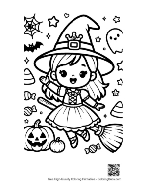 Thumbnail: Little Witch Flying on a Broomstick with a Cat and Pumpkins Halloween Coloring Printable