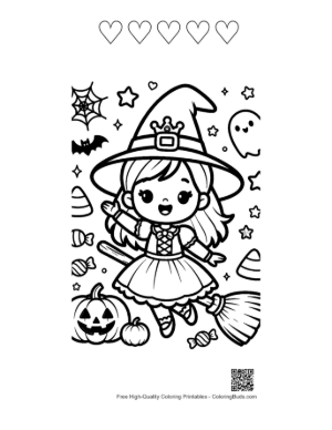 Thumbnail: Little Witch Flying on a Broomstick with a Cat and Pumpkins Halloween Coloring Printable and 5 Heart Outline