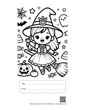 Thumbnail: Little Witch Flying on a Broomstick with a Cat and Pumpkins Halloween Coloring Printable with Title and Artist Box