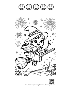 Thumbnail: Little Witch Flying Over a Village on a Broom Under Fireworks Holiday Coloring Printable and 5 Happy Face Outline