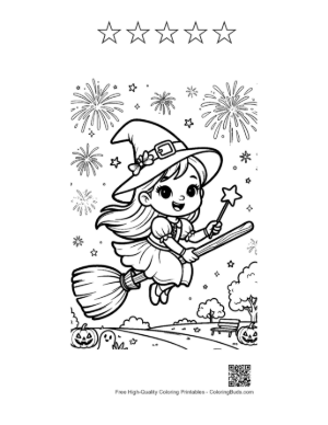 Thumbnail: Little Witch Flying Over a Village on a Broom Under Fireworks Holiday Coloring Printable and 5 Star Outline
