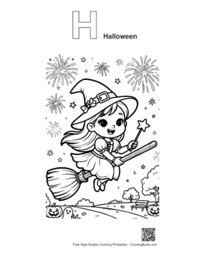 Thumbnail: Little Witch Flying Over a Village on a Broom Under Fireworks Holiday Coloring Printable Outline Alphabet H Halloween