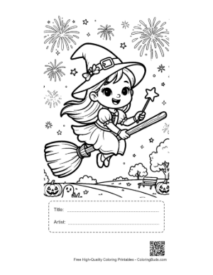Thumbnail: Little Witch Flying Over a Village on a Broom Under Fireworks Holiday Coloring Printable with Title and Artist Box
