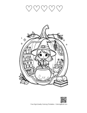 Thumbnail: Little Witch Girl Standing Inside a Pumpkin Apothecary Magic Coloring Page Printable and 5 Heart Outline