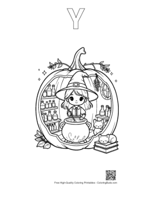 Thumbnail: Little Witch Girl Standing Inside a Pumpkin Apothecary Magic Coloring Page Printable Outline Alphabet Y