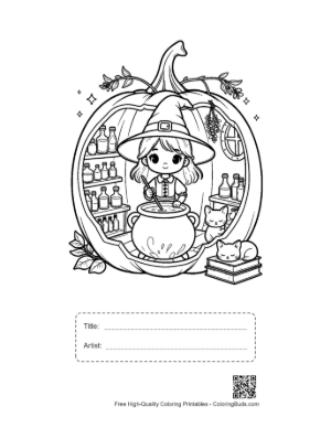 Thumbnail: Little Witch Girl Standing Inside a Pumpkin Apothecary Magic Coloring Page Printable with Title and Artist Box